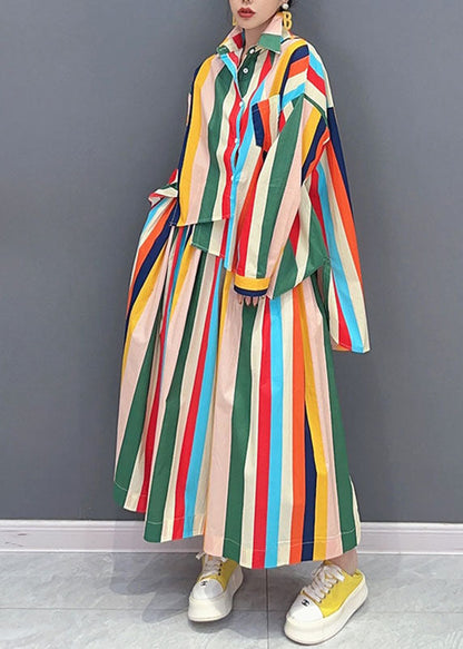 Loose Rainbow Peter Pan Collar Striped Button Shirts and Maxi Skirts Two Piece Set Long Sleeve