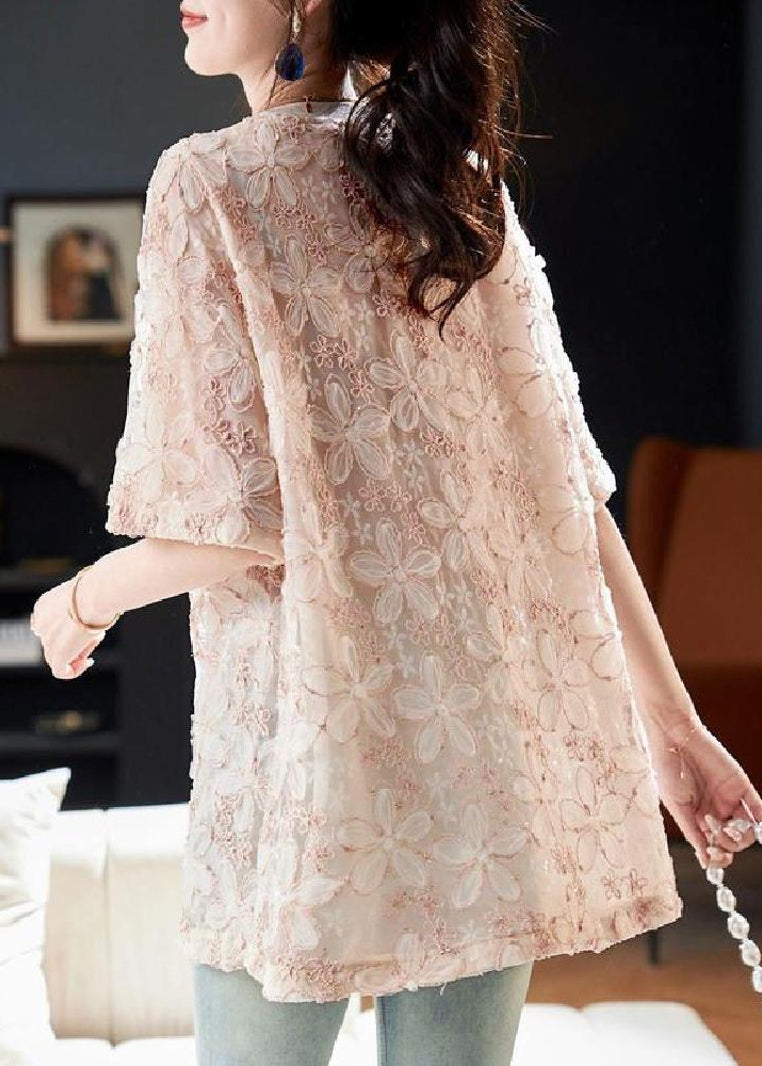 Pink O-neck Sequins Tulle T Shirt Summer