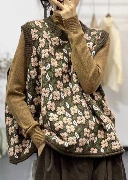 Coffee O-neck Jacquard Loose Knit Vest Spring