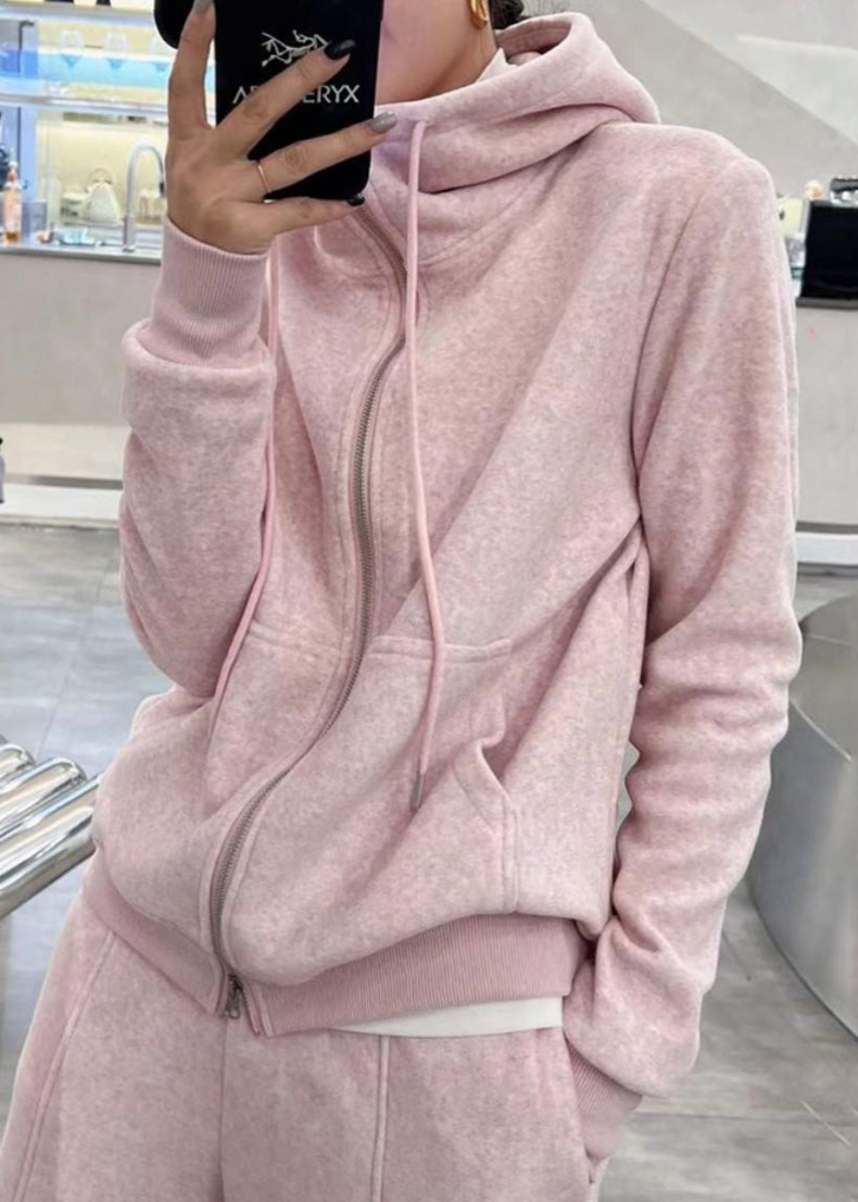 Grey Hooded Coats and Straight Pants Two Pieces Set Long Sleeve