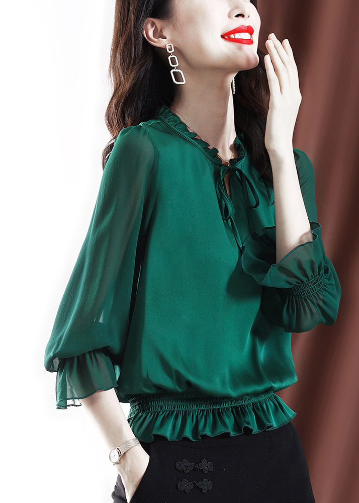 Green Ruffled Elastic Waist Chiffon Top Long Sleeve