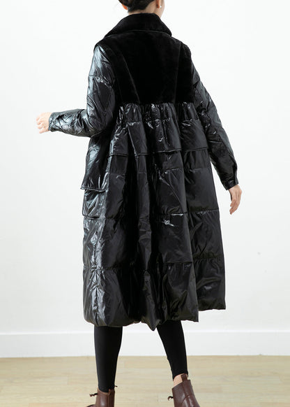 Classy Black Oversized Patchwork Mink Velvet Cotton Blend Down Jacket Winter