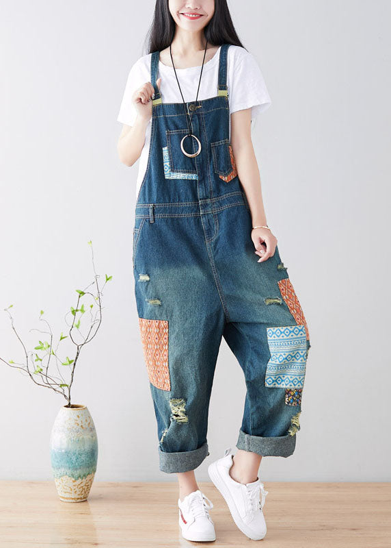 Art Blue Pockets Patchwork Ripped Denim Jumpsuit Spring