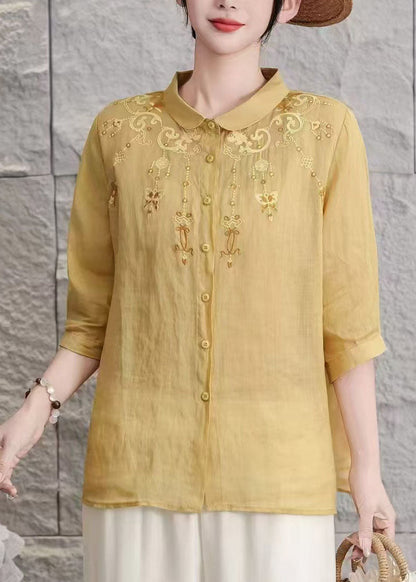 Yellow Peter Pan Collar Embroidered Linen Blouse Top Summer