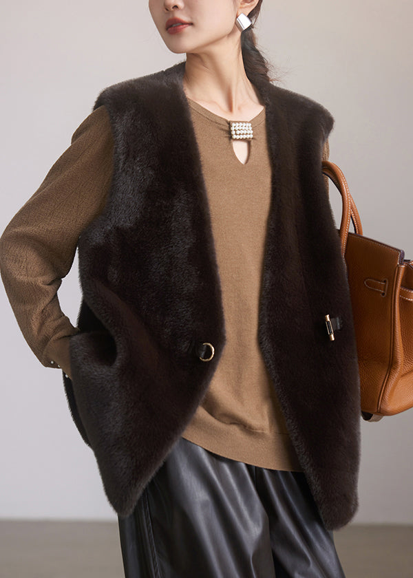 Brief Coffee V Neck Leather and Fur Waistcoat Spring