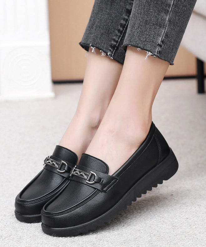 Black Cowhide Leather Splicing Flat Feet Shoes