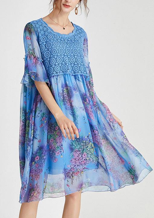 Blue Print Chiffon Patchwork Summer Dresses