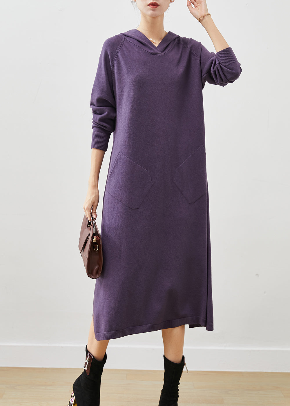 Dull Purple Hooded Side Open Knit Dress Spring