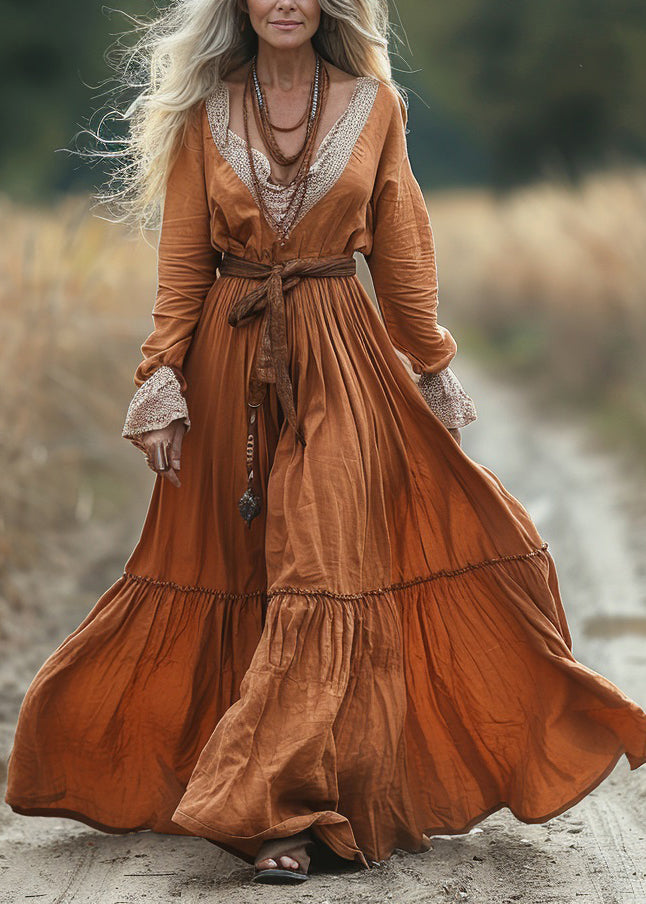 Pastoral Style V-neck Lace Patchwork Long Dress Spring