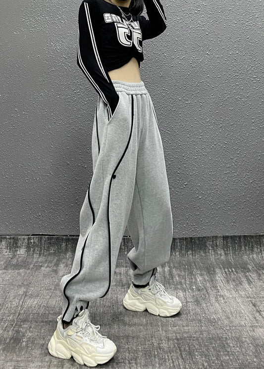 Grey Asymmetrical Pockets Elastic Waist Cotton Sport Pants Fall
