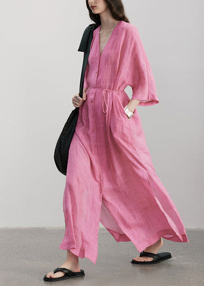 Rose V Neck Button Pockets Linen Dress Summer