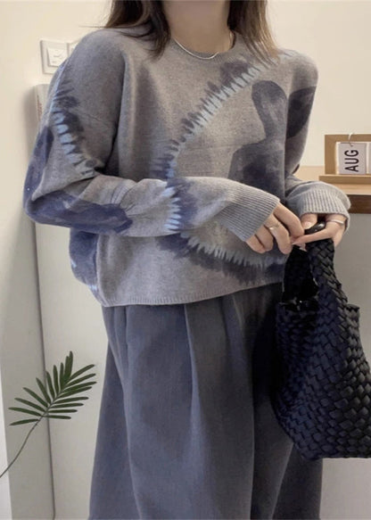 Grey O Neck Animal Print Thick Woolen Sweaters Fall
