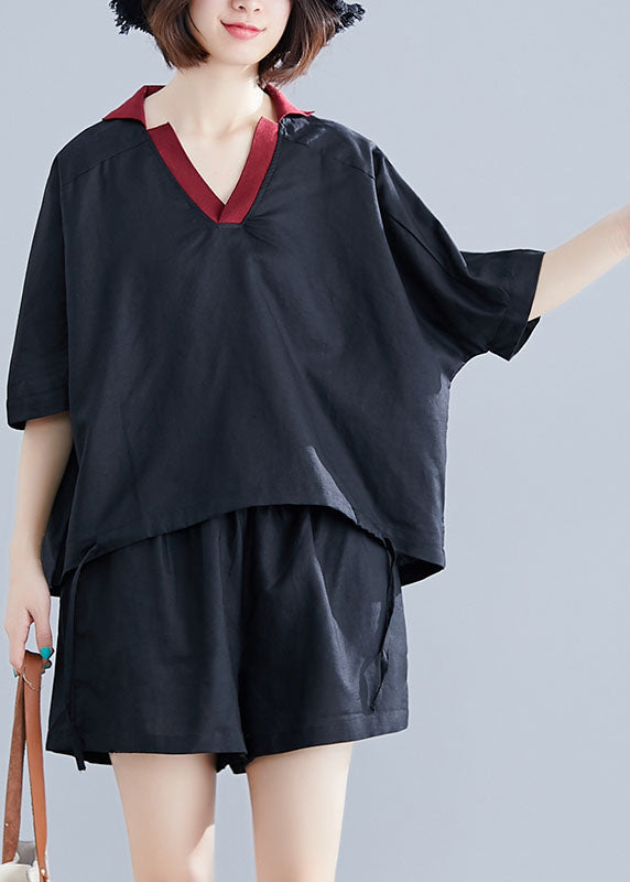 Black Cotton Two Piece Set Clothing V Neck Drawstring Summer