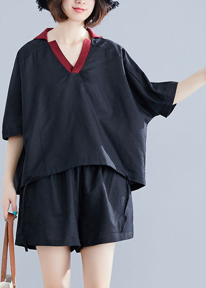 Black Cotton Two Piece Set Clothing V Neck Drawstring Summer