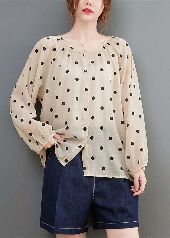 Apricot Loose Button Print Fall Dot Long Sleeve Tops