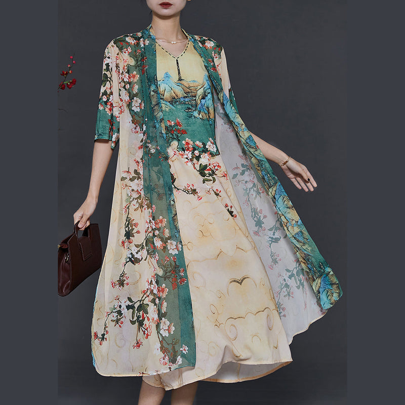 Apricot Print Chiffon Fake Two Piece Dress Summer
