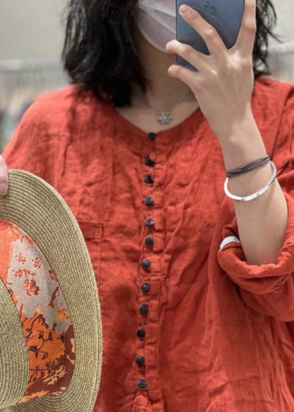 Orange Button Pockets Cotton Top Spring