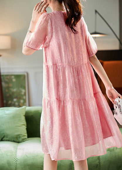 Pink V Neck Lace Patchwork Chiffon Long Dresses Short Sleeve Summer