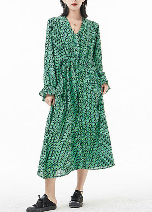 Classy Green Tie Waist V Neck Silk Vacation Dress Spring