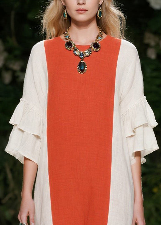 Orange Oversized Patchwork Cotton Maxi Dresses Flare Sleeve