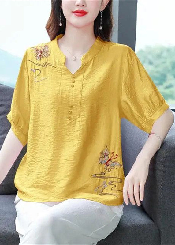 Yellow Embroidered Cotton Blouse Summer