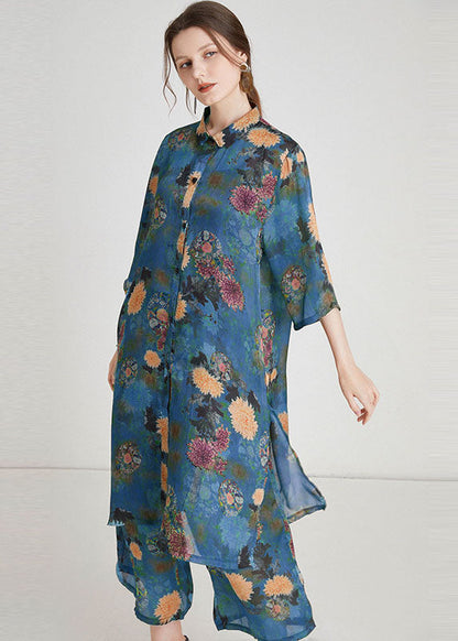 Blue Print Side Open Chiffon Two Pieces Set Summer