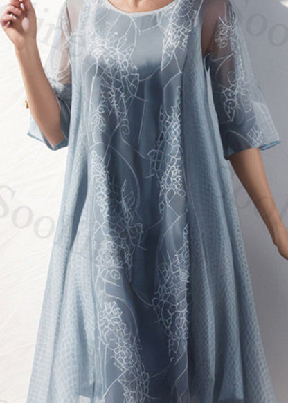 Light Blue O Neck Print Silk Dresses Summer