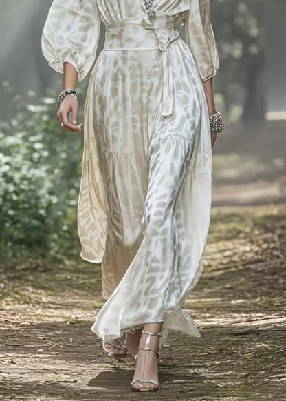 White V Neck Draping Silk Holiday Dress Lantern Sleeve