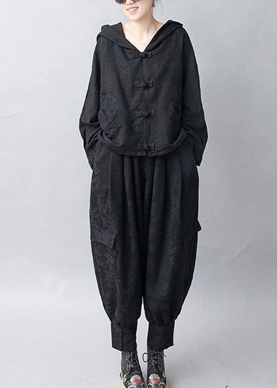Jacquard Black Hooded Coats and Pants Two Pieces Set Fall