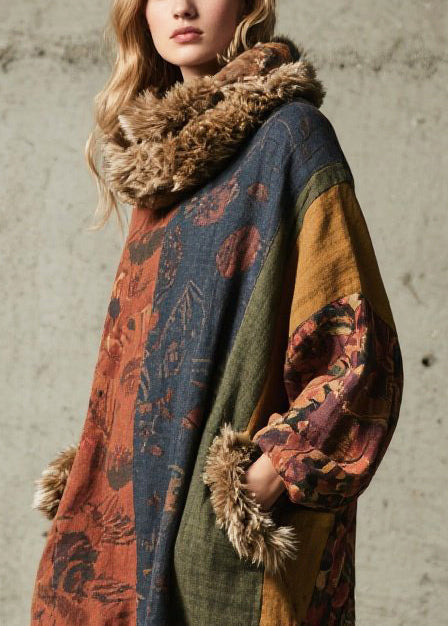Print Patchwork Faux Fur Maxi Dresses Fall