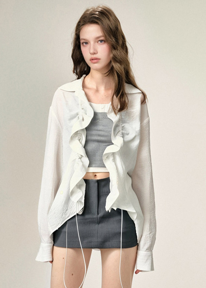 White Peter Pan Collar Cinched Cotton Shirts Top Fall