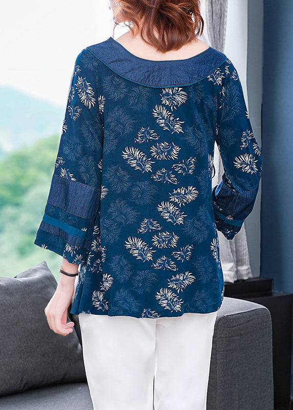 Blue V Neck Asymmetrical Print Cotton Shirt Top Bracelet Sleeve