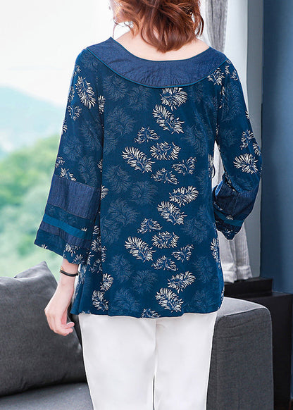 Blue V Neck Asymmetrical Print Cotton Shirt Top Bracelet Sleeve