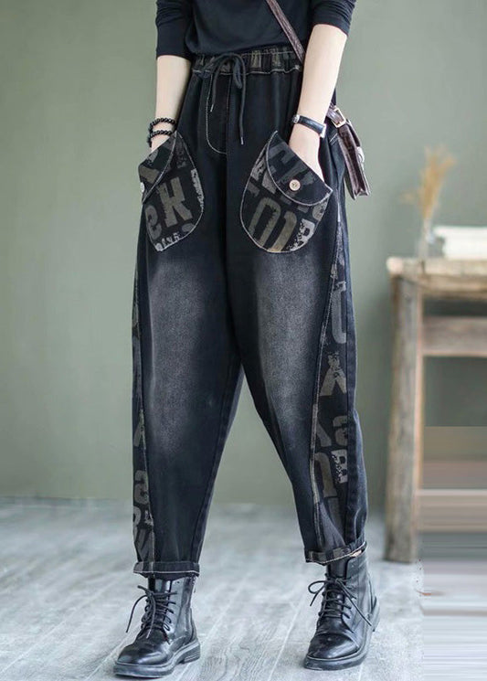French Black Letter Print Patchwork Pockets Denim Harem Pants Winter
