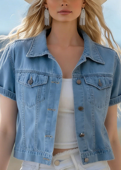 Blue Peter Pan Collar Pockets Denim Jackets Summer