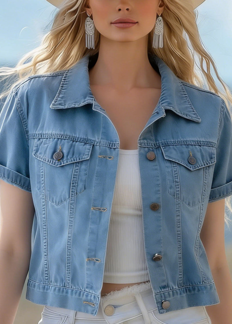 Blue Peter Pan Collar Pockets Denim Jackets Summer