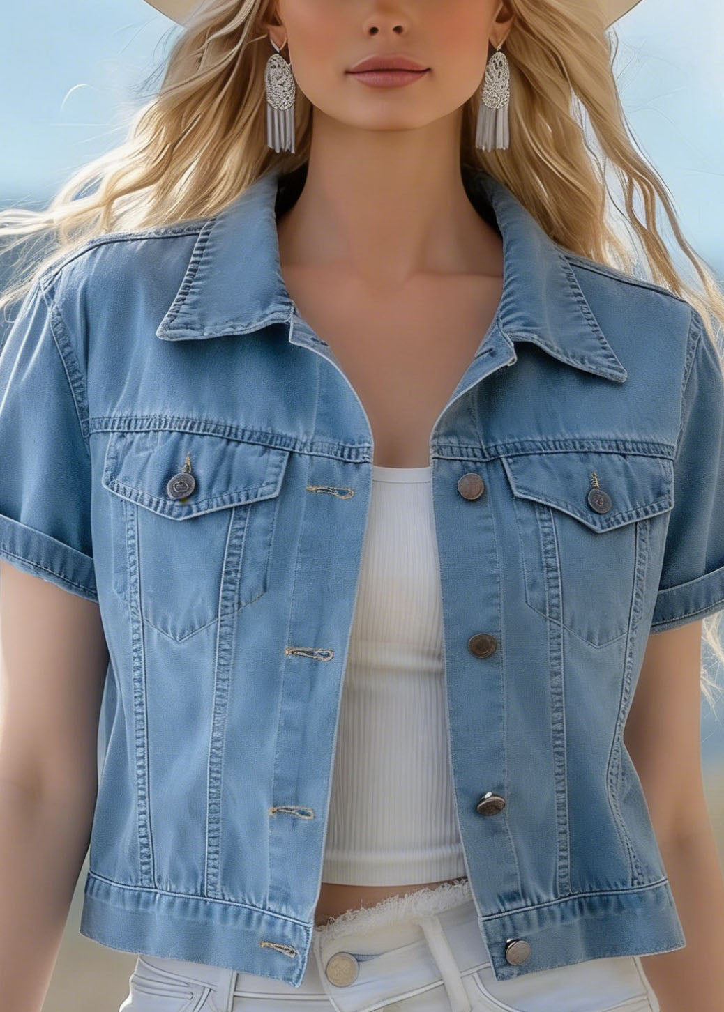 Blue Peter Pan Collar Pockets Denim Jackets Summer