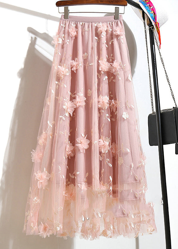 Pink Elastic Waist Tulle a Line Skirts Summer