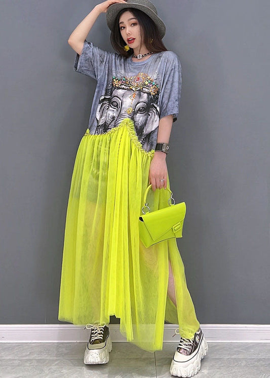 Grey O-neck Patchwork Tulle Print Cotton Maxi Dress Short Sleeve