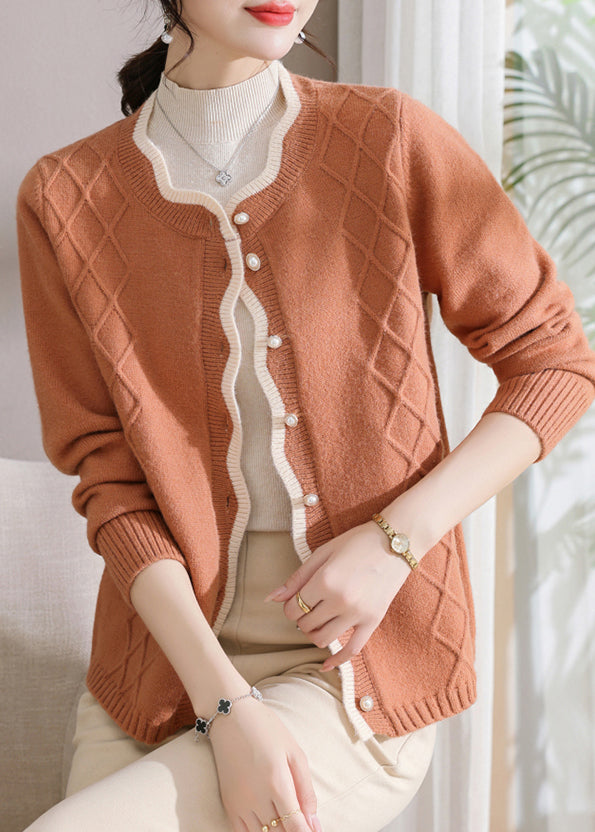 Organic Orange O-neck Button Cotton Knit Cardigans Fall