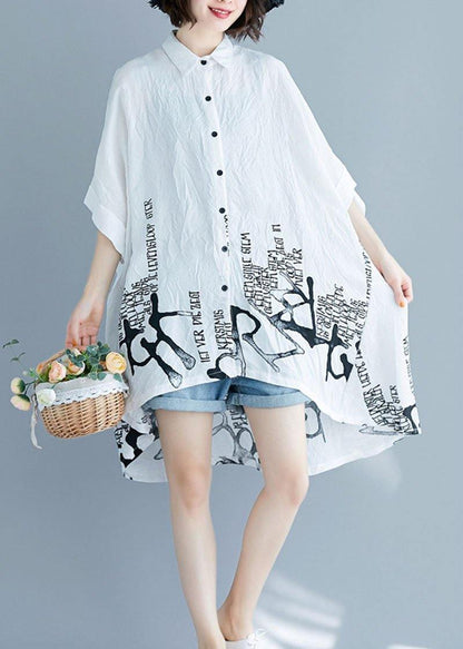 White Graphic Peter Pan Collar Cotton Tops Summer