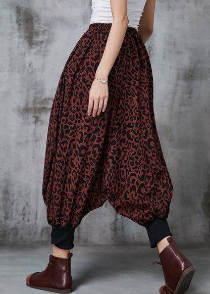 Brick Red Oversized Leopard Print Warm Fleece Lantern Pants Spring