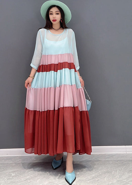 Classy Colorblock O-neck Patchwork Layered Chiffon Pleated Long Dress Bracelet Sleeve