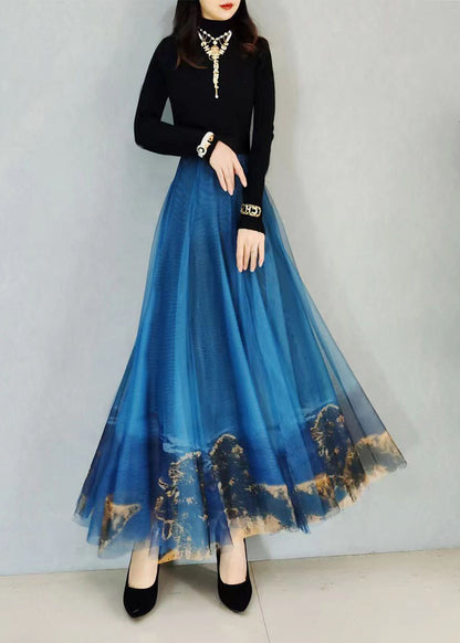 Blue Wrinkled Print Elastic Waist Tulle Skirt Spring