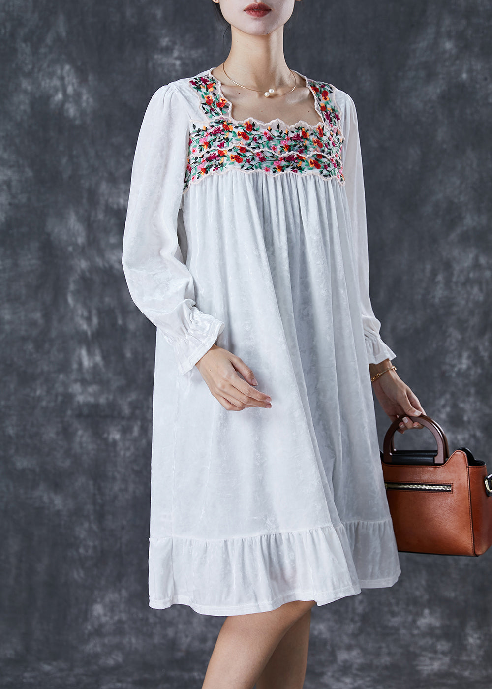 Handmade White Embroideried Silk Velour Holiday Dress Fall