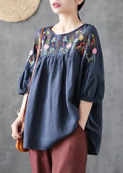 Loose Navy O-neck Embroideried Cotton T Shirt Half Sleeve