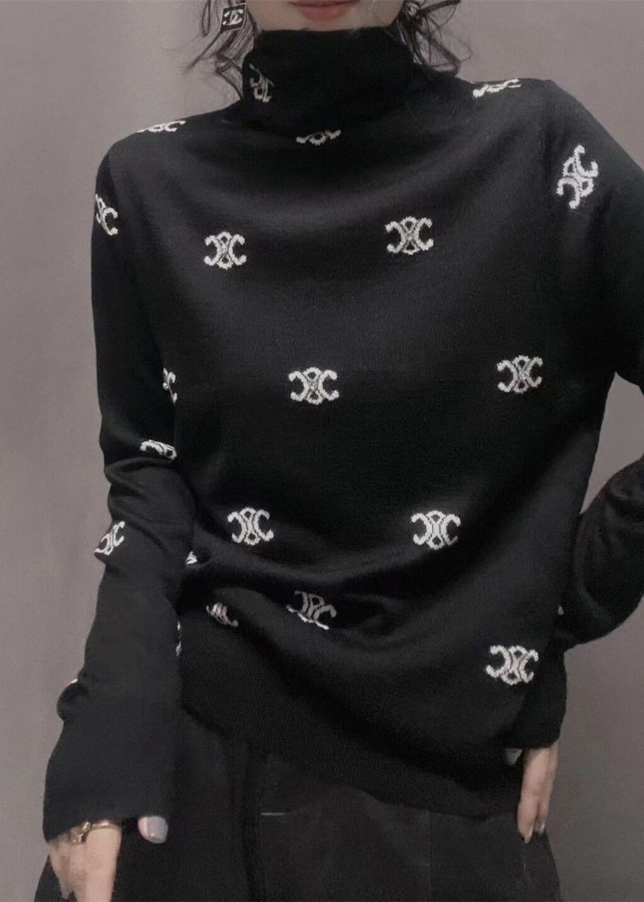 Jacquard Black Turtle Neck Knitting Cotton Top Long Sleeve