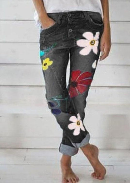 Flower Print Button Denim Long Jeans for