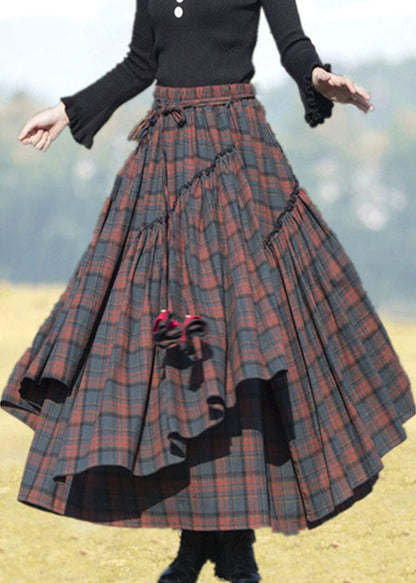 Blue Red Plaid Patchwork Wrinkled Tie Waist Maxi Skirts