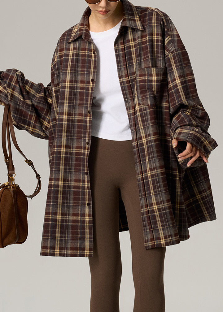 Coffee Plaid Peter Pan Collar Plaid Button Shirts Fall